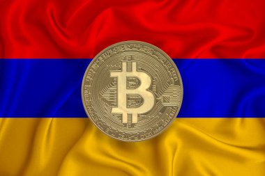 Bayrak, bayraklı altın sikke. Engelleme zinciri, bitcoin, para birimi ademi merkeziyeti. 3d oluşturma