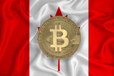 Bayrak, bayraklı altın sikke. Engelleme zinciri, bitcoin, para birimi ademi merkeziyeti. 3d oluşturma