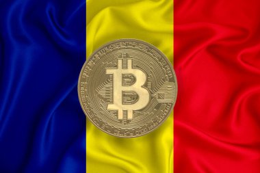 Bayrak, bayraklı altın sikke. Engelleme zinciri, bitcoin, para birimi ademi merkeziyeti. 3d oluşturma