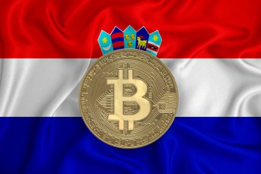 Bayrak, bayraklı altın sikke. Engelleme zinciri, bitcoin, para birimi ademi merkeziyeti. 3d oluşturma