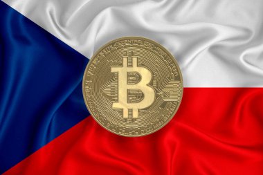 Bayrak, bayraklı altın sikke. Engelleme zinciri, bitcoin, para birimi ademi merkeziyeti. 3d oluşturma