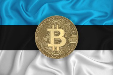 Bayrak, bayraklı altın sikke. Engelleme zinciri, bitcoin, para birimi ademi merkeziyeti. 3d oluşturma