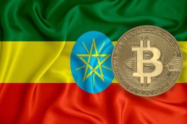 Bayrak, bayraklı altın sikke. Engelleme zinciri, bitcoin, para birimi ademi merkeziyeti. 3d oluşturma