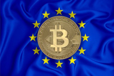 Bayrak, bayraklı altın sikke. Engelleme zinciri, bitcoin, para birimi ademi merkeziyeti. 3d oluşturma