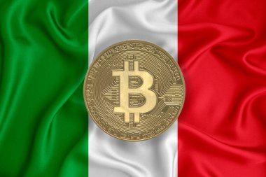 Bayrak, bayraklı altın sikke. Engelleme zinciri, bitcoin, para birimi ademi merkeziyeti. 3d oluşturma