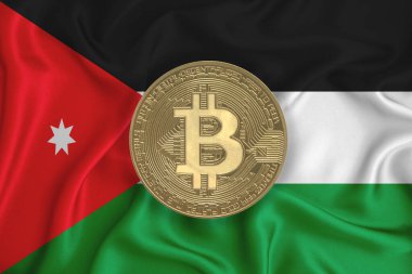 Bayrak, bayraklı altın sikke. Engelleme zinciri, bitcoin, para birimi ademi merkeziyeti. 3d oluşturma