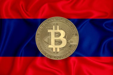 Bayrak, bayraklı altın sikke. Engelleme zinciri, bitcoin, para birimi ademi merkeziyeti. 3d oluşturma