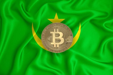 Bayrak, bayraklı altın sikke. Engelleme zinciri, bitcoin, para birimi ademi merkeziyeti. 3d oluşturma