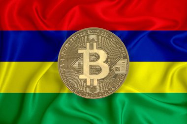 Bayrak, bayraklı altın sikke. Engelleme zinciri, bitcoin, para birimi ademi merkeziyeti. 3d oluşturma