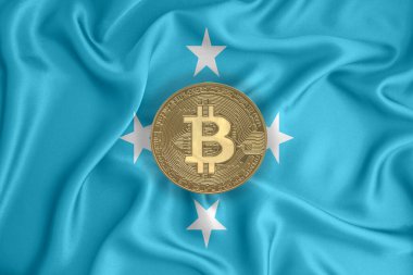 Bayrak, bayraklı altın sikke. Engelleme zinciri, bitcoin, para birimi ademi merkeziyeti. 3d oluşturma