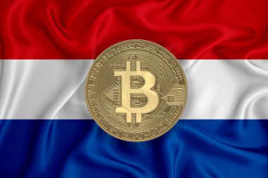 Bayrak, bayraklı altın sikke. Engelleme zinciri, bitcoin, para birimi ademi merkeziyeti. 3d oluşturma