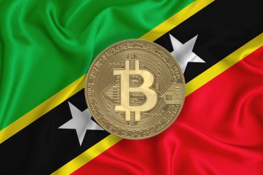 Bayrak, bayraklı altın sikke. Engelleme zinciri, bitcoin, para birimi ademi merkeziyeti. 3d oluşturma