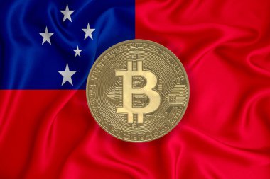 Bayrak, bayraklı altın sikke. Engelleme zinciri, bitcoin, para birimi ademi merkeziyeti. 3d oluşturma