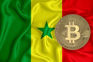 Bayrak, bayraklı altın sikke. Engelleme zinciri, bitcoin, para birimi ademi merkeziyeti. 3d oluşturma