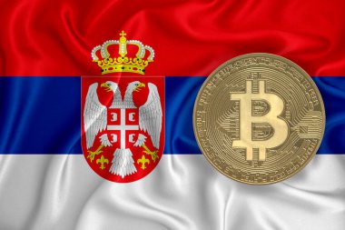 Bayrak, bayraklı altın sikke. Engelleme zinciri, bitcoin, para birimi ademi merkeziyeti. 3d oluşturma