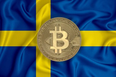 Bayrak, bayraklı altın sikke. Engelleme zinciri, bitcoin, para birimi ademi merkeziyeti. 3d oluşturma