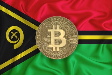 Bayrak, bayraklı altın sikke. Engelleme zinciri, bitcoin, para birimi ademi merkeziyeti. 3d oluşturma