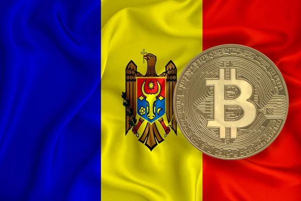 Bandeira Moeda Ouro Bitcoin Fundo Bandeira Conceito Blockchain Bitcoin Descentralização — Fotografia de Stock