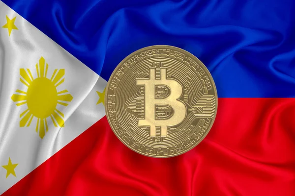 旗の上にビットコインの金貨 国内のブロックチェーン ビットコイン 通貨の分散化の概念 三次元レンダリング — ストック写真