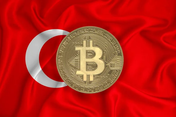 Bayrak, bayraklı altın sikke. Engelleme zinciri, bitcoin, para birimi ademi merkeziyeti. 3d oluşturma