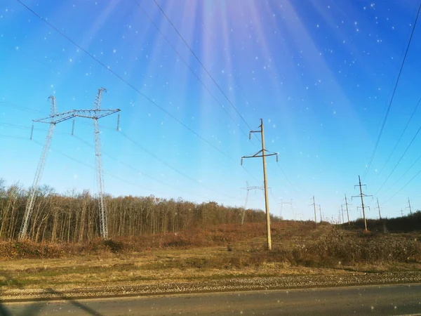 Electric Transmission Line Power Transmission Pylon Silhouette Blue Sky Dusk — Stock Photo, Image