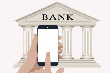 Bir el cep telefonunu tutar ve arka planda bankası olan beyaz arka plandaki ekrana basar. Temassız ödeme kavramı