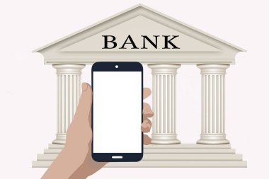 Beyaz arka planda arka planda bankası olan bir cep telefonu tutuyor. Temassız ödeme kavramı