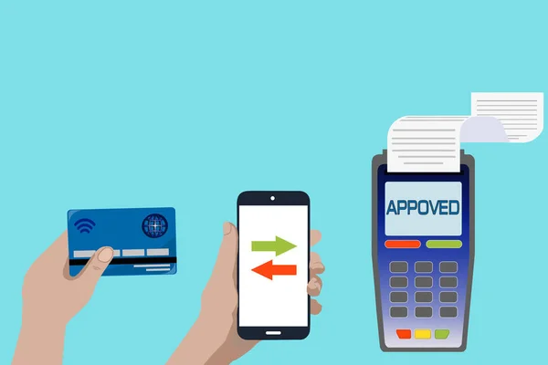 Drawn hand holding mobile phone and credit card near payment terminal with check on white background. Contactless payment concept