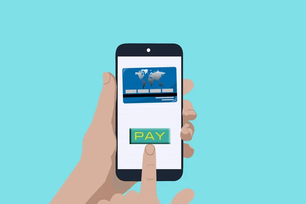 Mão Segura Telefone Celular Pressiona Botão Comprar Com Cartão Crédito — Fotografia de Stock