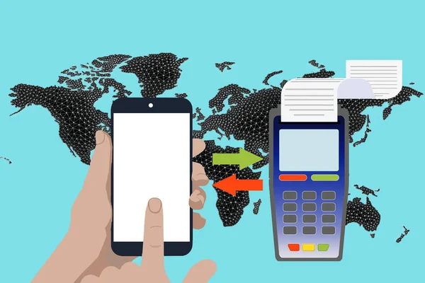 Kéz Tart Egy Mobiltelefon Közelében Egy Fizetési Terminál Fehér Alapon — Stock Fotó