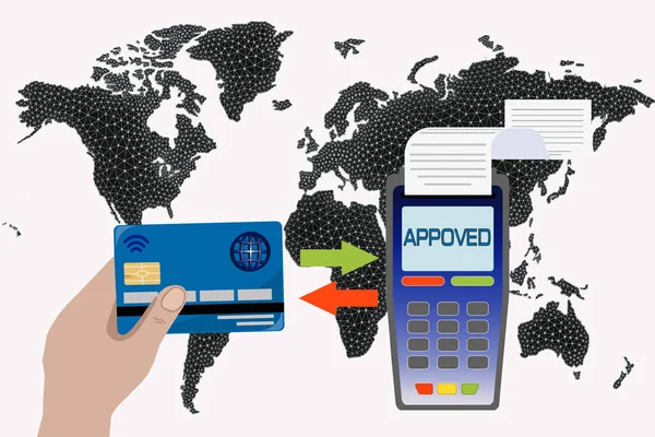 hand holds a credit card near the payment terminal on the background of the world map. Contactless payment concept