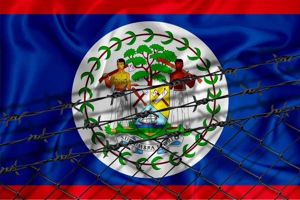 Belize Flagga Utveckling Staket Mesh Och Taggtråd Begreppet Isolering Invandrare — Stockfoto