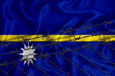 Nauru bayrağı geliştirme, tel örgüler ve dikenli teller. Göçmenler izolasyon kavramı. Metnin için yer.