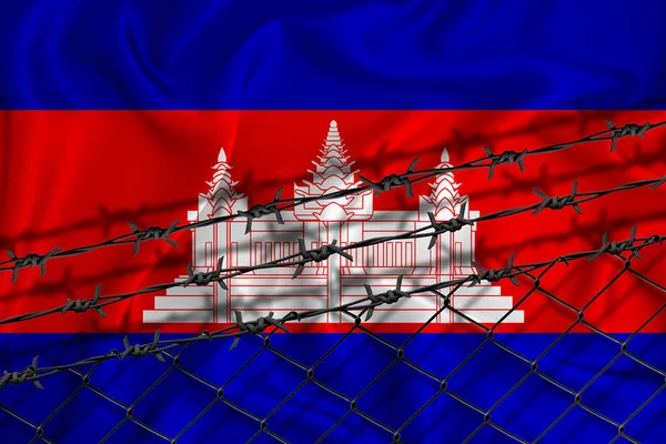 Ανάπτυξη Σημαίας Στην Καμπότζη Συρματόπλεγμα Και Συρματόπλεγμα Έννοια Απομόνωσης Μεταναστών — Φωτογραφία Αρχείου