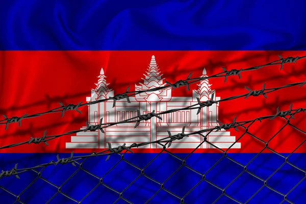 Desarrollo Bandera Camboya Malla Valla Alambre Púas Concepto Aislamiento Emigrantes — Foto de Stock