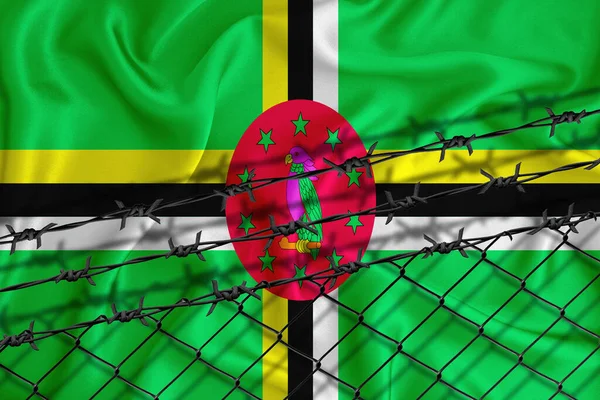 Sviluppo Bandiera Dominica Rete Recinzione Filo Spinato Concetto Isolamento Degli — Foto Stock