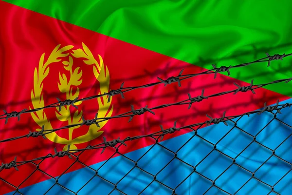 Eritrea flag development, fence mesh and barbed wire. Emigrants isolation concept. With place for your text.