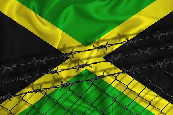 Jamaica Desenvolvimento Bandeira Cerca Malha Arame Farpado Conceito Isolamento Dos — Fotografia de Stock