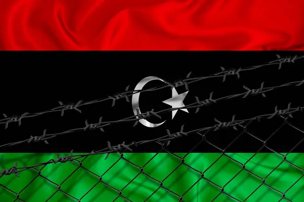 Libië Vlag Ontwikkeling Hek Gaas Prikkeldraad Emigranten Isolatieconcept Met Plaats — Stockfoto