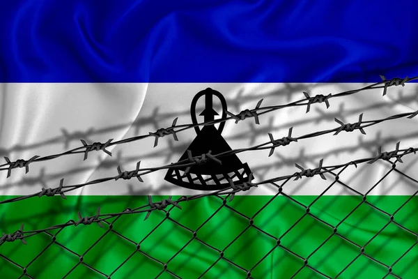 Lesotho Desarrollo Bandera Malla Valla Alambre Púas Concepto Aislamiento Emigrantes — Foto de Stock