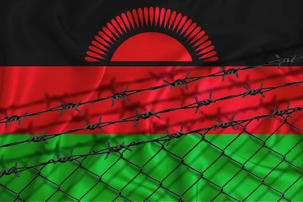 Развитие Флага Малави Сетка Забора Колючая Проволока Концепция Изоляции Эмигрантов — стоковое фото