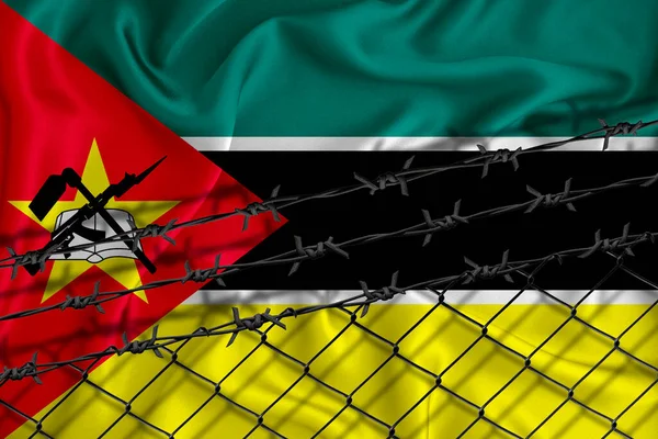 Moçambique Desenvolvimento Bandeira Cerca Malha Arame Farpado Conceito Isolamento Dos — Fotografia de Stock