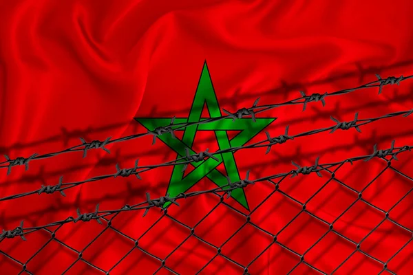 Marokko Vlag Ontwikkeling Hek Gaas Prikkeldraad Emigranten Isolatieconcept Met Plaats — Stockfoto