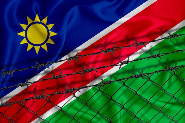 Namibië Vlag Ontwikkeling Hek Gaas Prikkeldraad Emigranten Isolatieconcept Met Plaats — Stockfoto