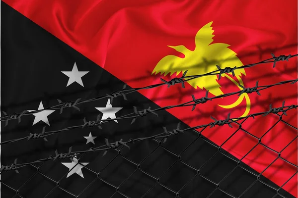 パプアニューギニアの旗の開発 フェンスメッシュと鉄条網 移民隔離の概念 テキストの代わりに — ストック写真