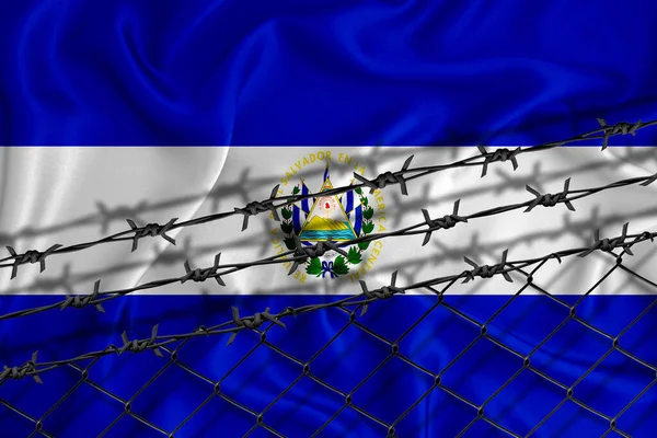 Ανάπτυξη Σημαίας Σαλβαδόρ Συρματόπλεγμα Και Συρματόπλεγμα Έννοια Απομόνωσης Μεταναστών Θέση — Φωτογραφία Αρχείου