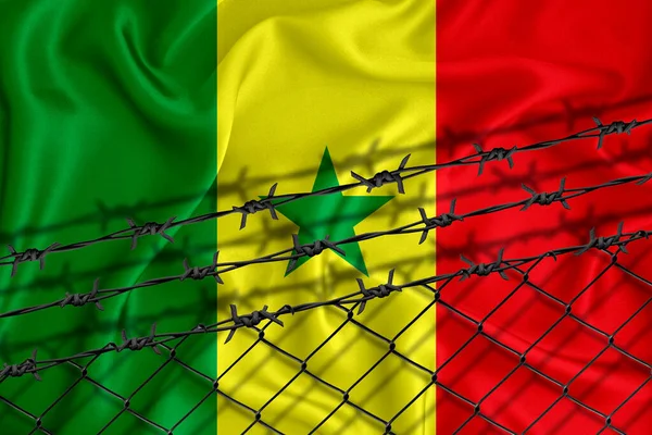 Senegals Flagge Zaungitter Und Stacheldraht Isolationskonzept Für Auswanderer Mit Platz — Stockfoto