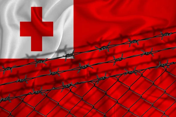 Tonga Flagga Utveckling Staket Mesh Och Taggtråd Begreppet Isolering Invandrare — Stockfoto