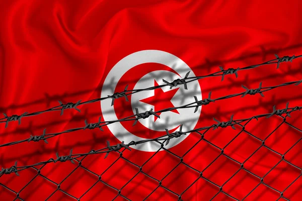 Разработка Флага Туниса Сетки Ограждения Колючей Проволоки Концепция Изоляции Эмигрантов — стоковое фото