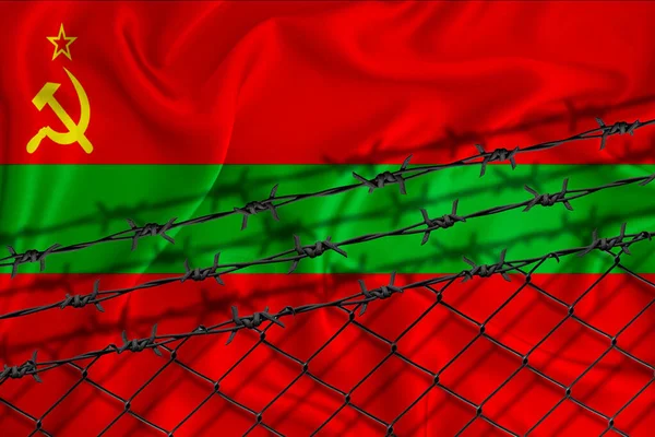 Transnistria Flag Development Fence Mesh Barbed Wire Emigrants Isolation Concept — Stock Photo, Image